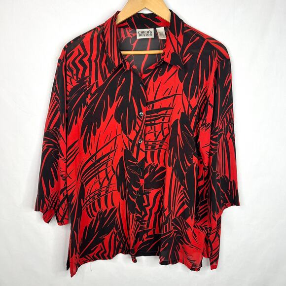 Chico's Design Red & Black Button-Down Silk Blouse 3/16 - Picture 1 of 6